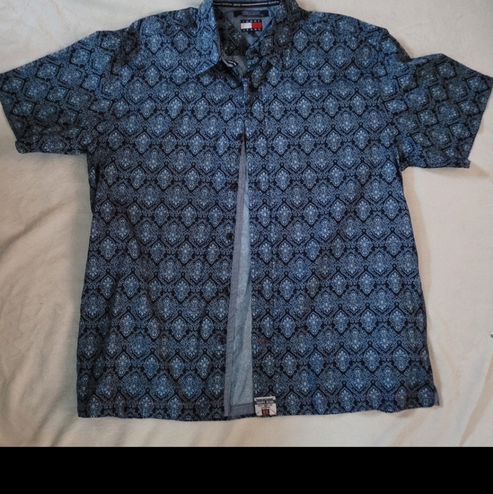 Tommy Hilfiger Navy Blue Geometric Short Sleeve Button-Up